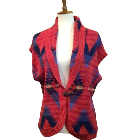 Chaps Ralph Lauren Red Aztec Print Shawl Collar Sweater Vest Size L* - Picture 1 of 8